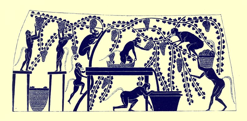 Sátiros reunindo o vintage, ilustração de pinturas em vaso grego por JE Harrison e DS MacColl, publicado em 1894 (imagem aprimorada digitalmente) de after English School