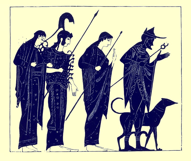 O Julgamento de Paris, ilustração da Greek Vase Paintings por JE Harrison e DS MacColl, publicado em 1894 (imagem digitalmente aprimorada) de after English School