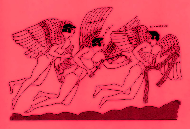 Três deuses alados do amor, ilustração de pinturas gregas do vaso por JE Harrison e por DS MacColl, publicada 1894 (imagem realçada digital) de after English School