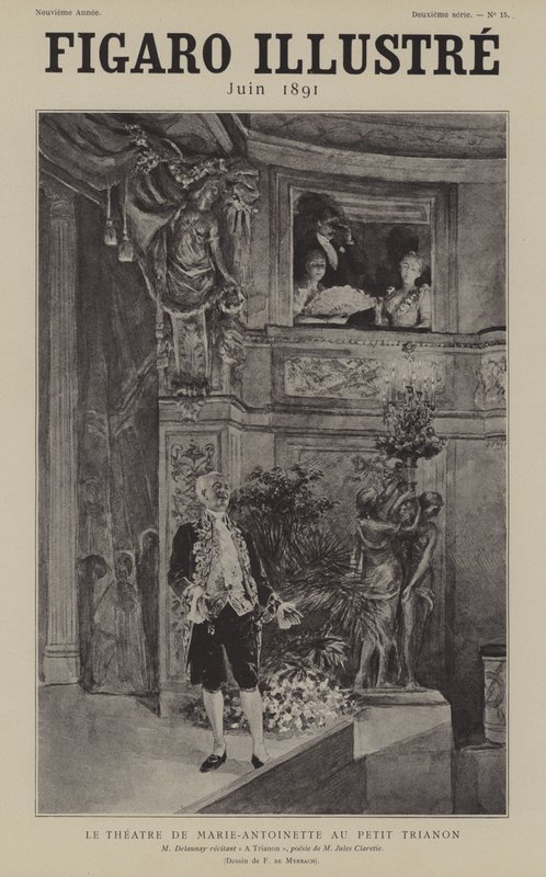 O ator francês Louis Arsene Delaunay recitando Jules Clareties poema Um Trianon no teatro de Marie Antoinette no Petit Trianon, Versailles de after Felicien baron de Myrbach Rheinfeld