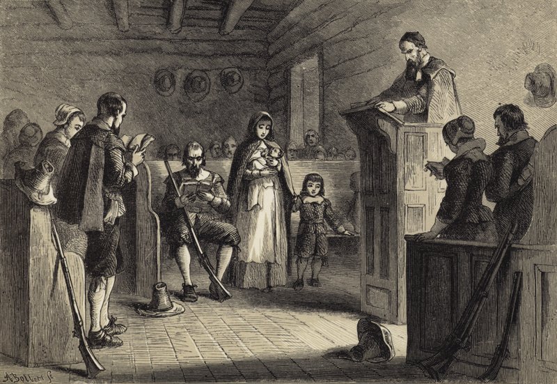 Culto público em Plymouth pelos peregrinos de after Felix Octavius Carr Darley