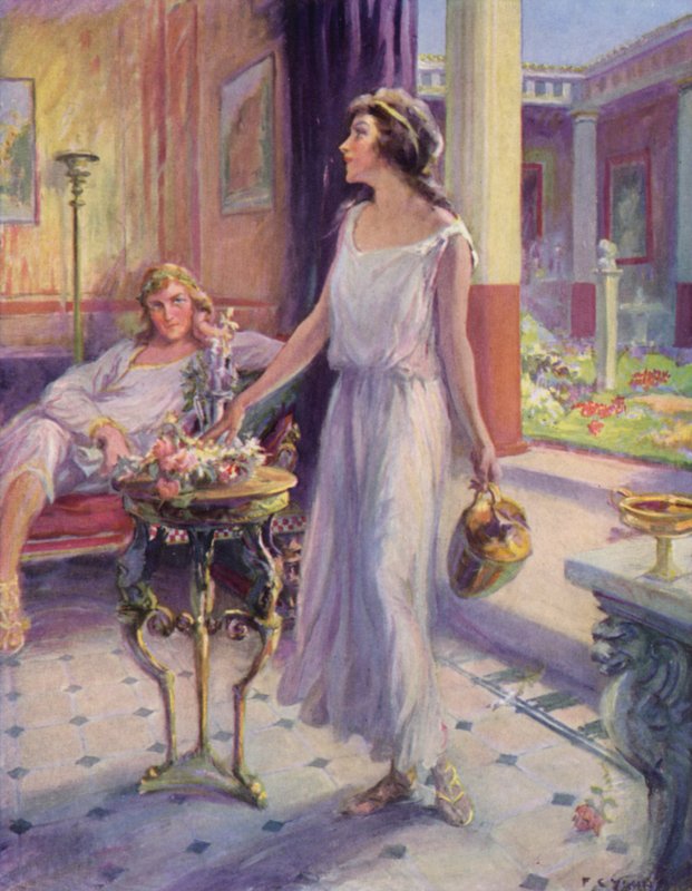 Sentindo-se pelo quarto até encontrar a mesa que estava junto a Glaucus, ela colocou a cesta sobre ela. de after Frederick Coffay Yohn