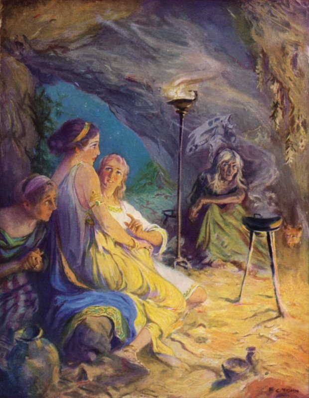 Glauco e Ione procuram refúgio na caverna das bruxas de after Frederick Coffay Yohn