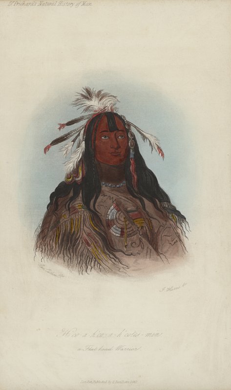 Co-ah, co-ah, cotes-min, um guerreiro de cabeça chata (aquatint) de after George Catlin