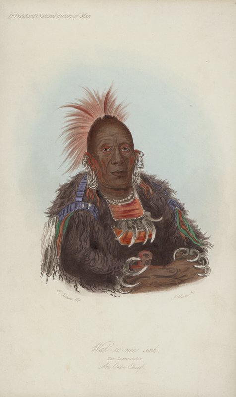 Wah-ro-nee sah, O Arredor, Um Chefe Ottoe (aquatint) de after George Catlin