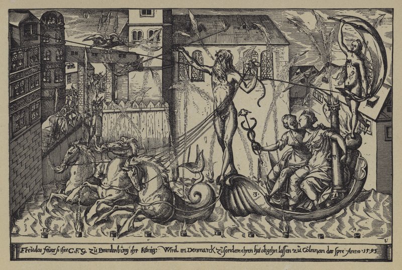 Fogos de artifício no castelo do Margrave de Brandemburgo em Colln no rio Spree por ocasião da visita do rei Christian IV da Dinamarca, 10 de outubro de 1595 de after German School
