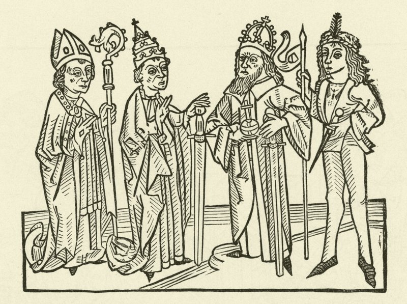 O Sacro Imperador Romano e o Papa, acompanhados por um cavaleiro e um bispo, segurando espadas, simbolizando o poder judiciário em suas terras de after German School