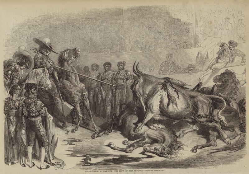 Luta de touros em Bayonne, o sopro do Picadore de Gustave after Dore