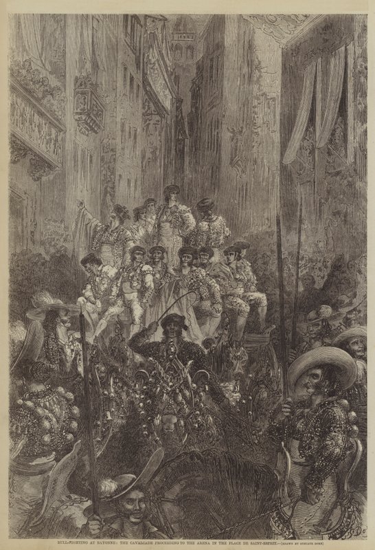 Briga de touros em Bayonne, a cavalgada que segue para a arena na Place de Saint-Esprit de Gustave after Dore