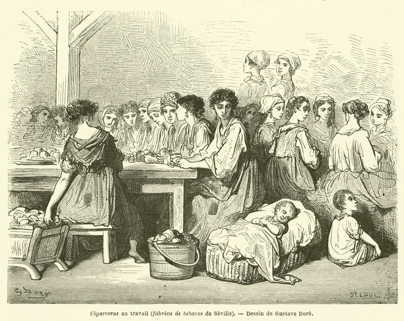 Cigarreras no trabalho, fabrica de tabacos de Sevilha de Gustave after Dore