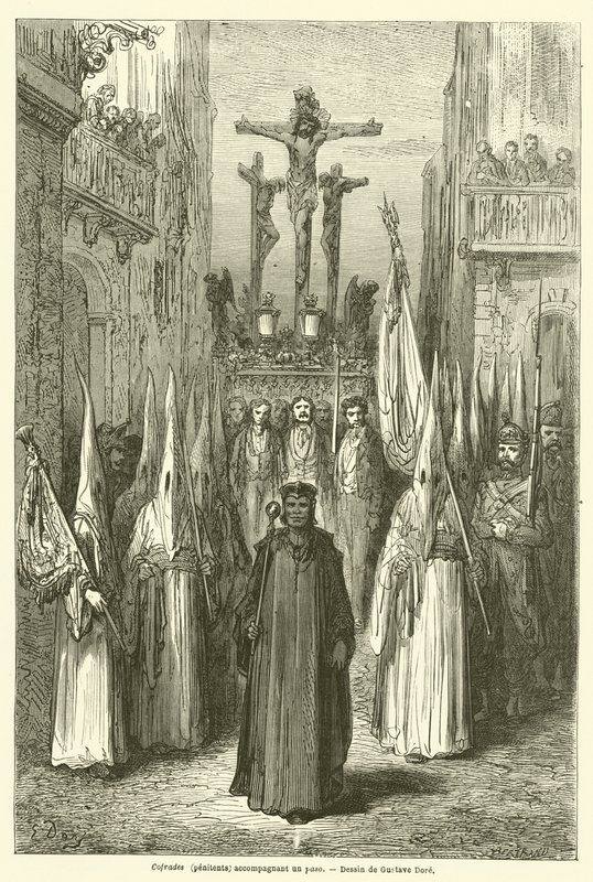 Cofrades (penitentes) acompanham um passo de Gustave after Dore