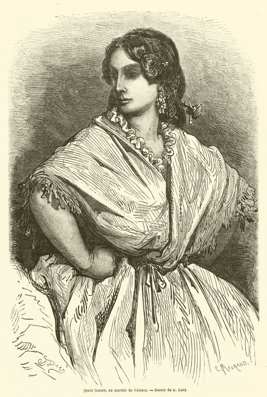 Mulher jovem, andar, em, valencia de Gustave after Dore