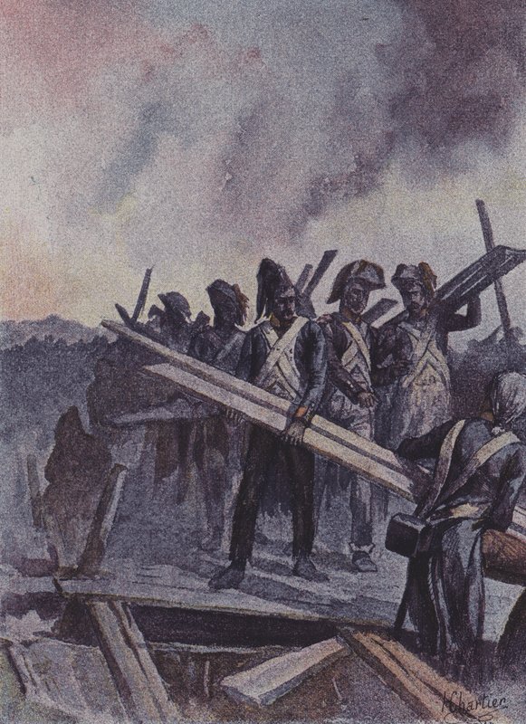 Soldados franceses construindo uma ponte de pontão na Batalha de Arcole, Itália, 1796 de after Henri Georges Jacques Chartier