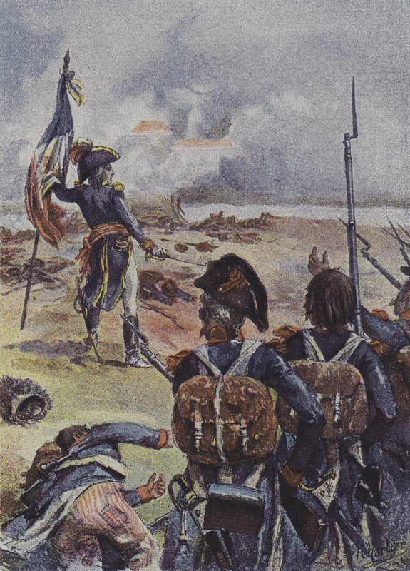 General Augereau plantando a bandeira do 1º Batalhão do 99º Regimento em frente de suas linhas na Batalha de Arcole, Itália, 1796 de after Henri Georges Jacques Chartier