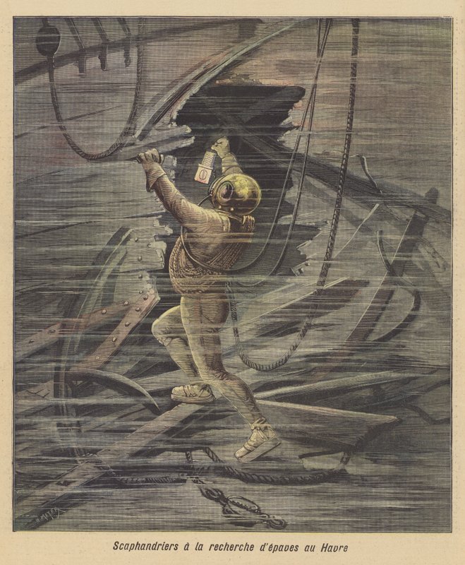 Mergulhadores procurando um naufrágio em Le Havre de after Henri Meyer