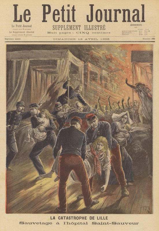 Soldados resgatando pacientes de um incêndio no Hospital Saint-Sauveur, Lille de after Henri Meyer
