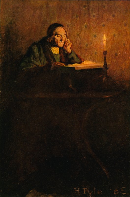 Um cavalheiro limpo e enrugado sentou-se em uma mesa de after Howard Pyle