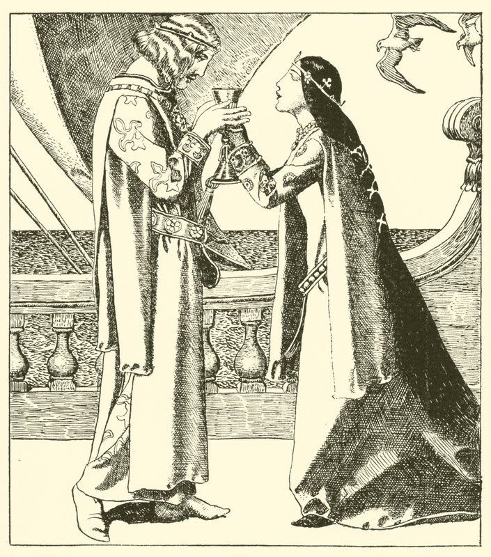 Belle Isoult e Sir Tristram bebem o rascunho do amor de after Howard Pyle