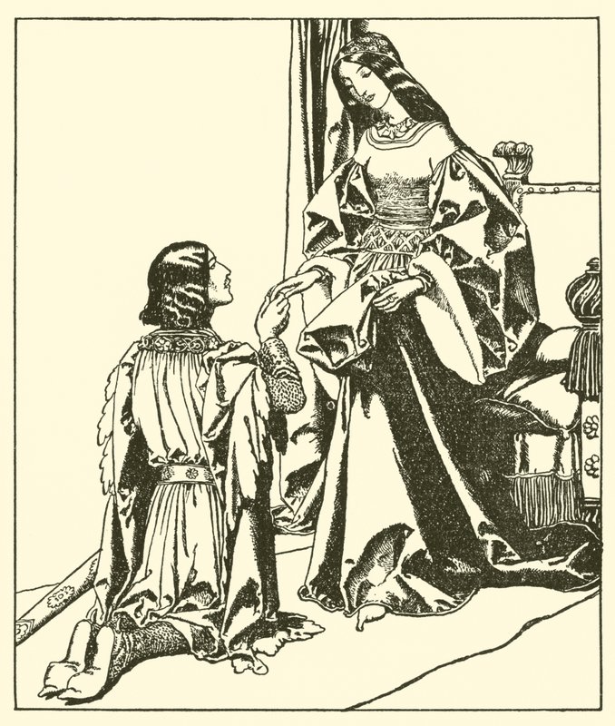 Sir Lancelot cumprimenta a rainha Guinevere de after Howard Pyle