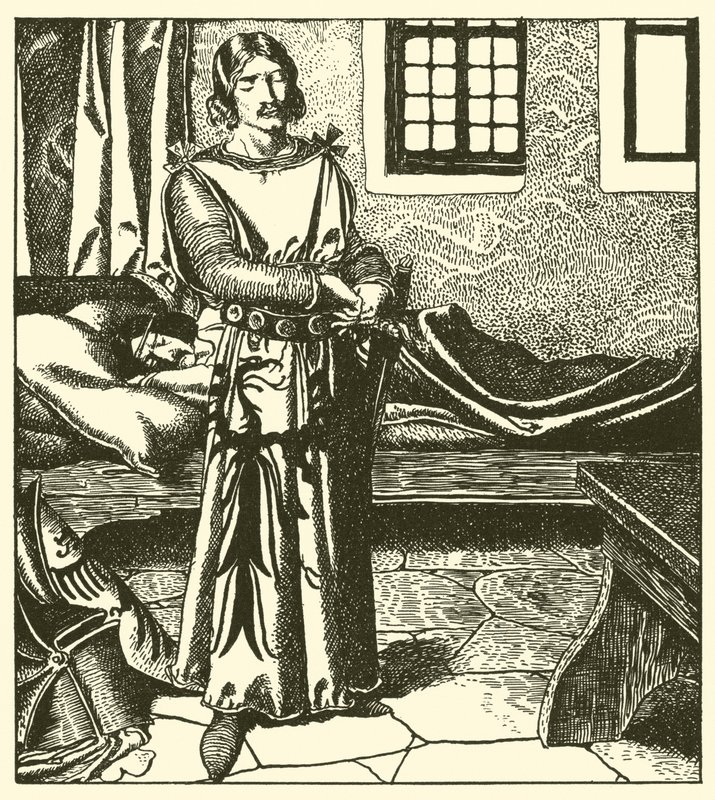 Sir Lancelote leva a armadura de Sir Kay de after Howard Pyle