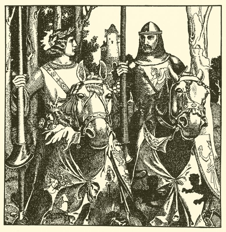 Sir Percival e Sir Lamorack andam juntos de after Howard Pyle