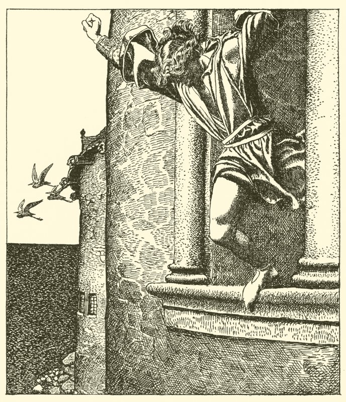 Sir Tristram pula para o mar de after Howard Pyle
