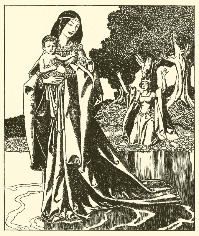 A Senhora Nymue leva embora Lancelote para o lago de after Howard Pyle