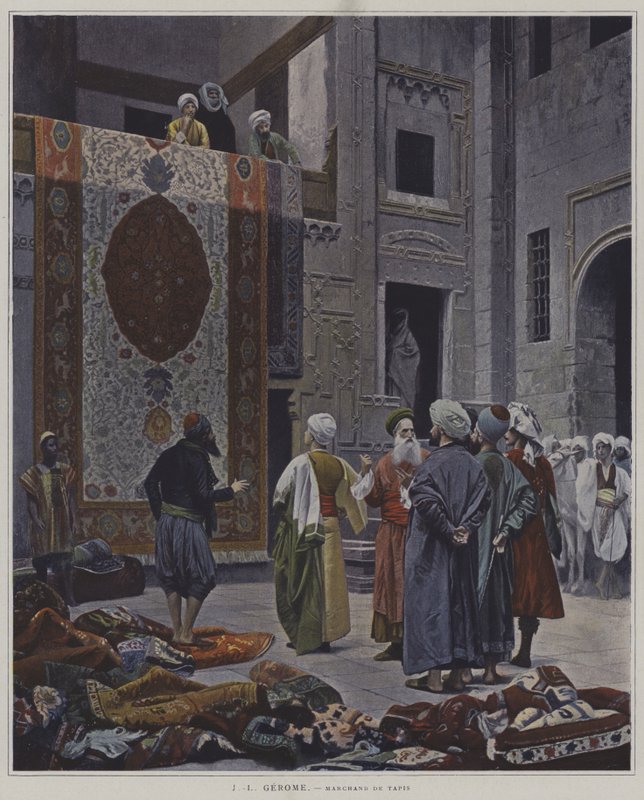 Comerciante de tapetes no Cairo (vendedor de tapetes no Cairo) de after Jean Leon Gerome