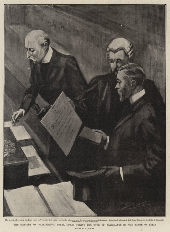 A Reunião do Parlamento, Duques Reais fazendo o juramento de fidelidade na Câmara dos Lordes de after John Duncan