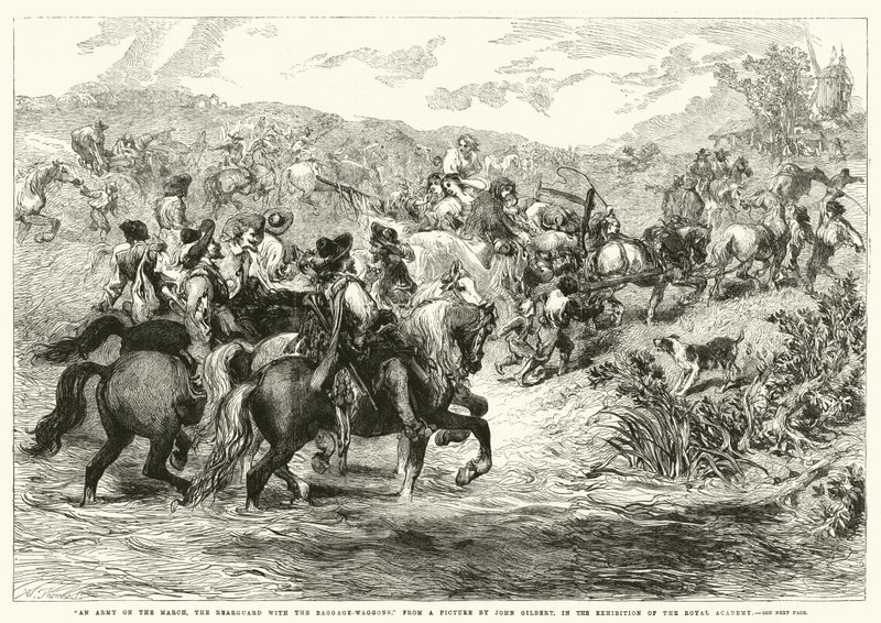 Um exército em março, a retaguarda com as carroças de bagagem, na exposição da Royal Academy de after John Gilbert