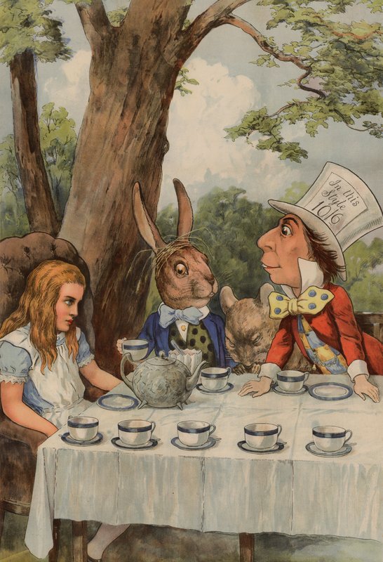 Cartaz que descreve o tea party dos Hatters loucos de Alice no país das maravilhas de after John Tenniel