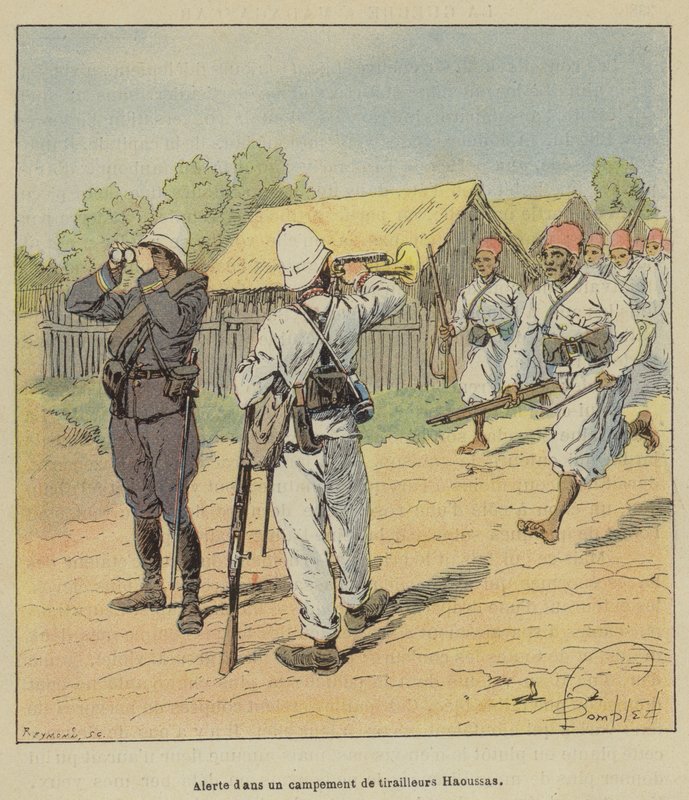 Alerta em um campo de escaramuça de Haoussas de after Louis Charles Bombled