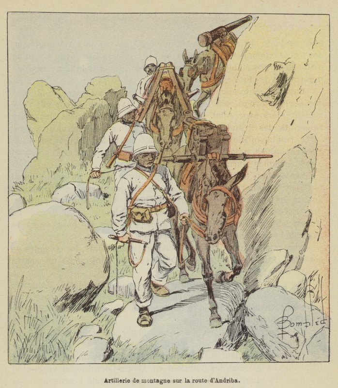 Artilharia montanhosa na estrada de Andriba de after Louis Charles Bombled