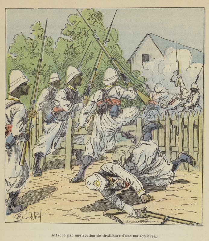 Ataque por uma seção de skirmishers de uma casa hova de after Louis Charles Bombled