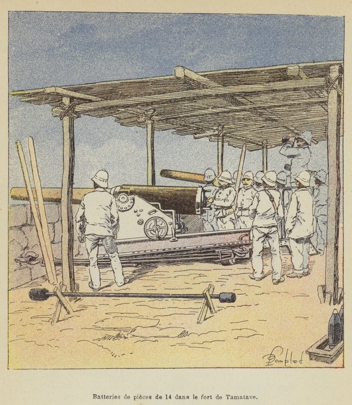 Baterias de 14 peças no forte Tamatave de after Louis Charles Bombled