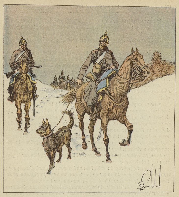 Cavaleiros prussianos em reconhecimento, cães na coleira de after Louis Charles Bombled