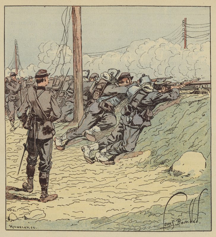 Artenay Combat, O 8º Batalhão de Caçadores de Mercado desdobra-se ao longo do aterro da estrada de after Louis Charles Bombled