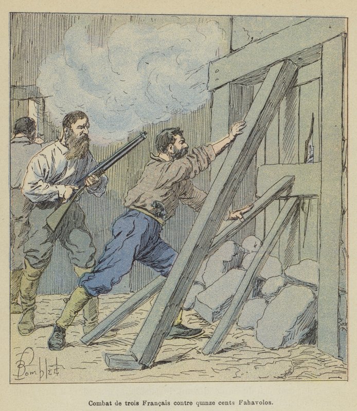 Combate trois Francais contre quinze centavos Fahavolos de after Louis Charles Bombled