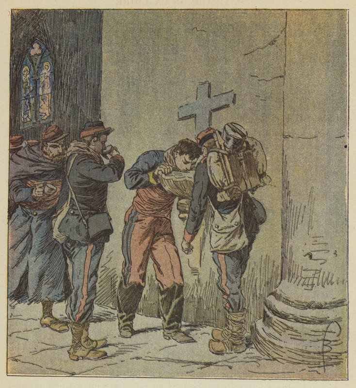 Na igreja de Villiers, os prisioneiros franceses que morrem de sede partilham o conteúdo de um de after Louis Charles Bombled