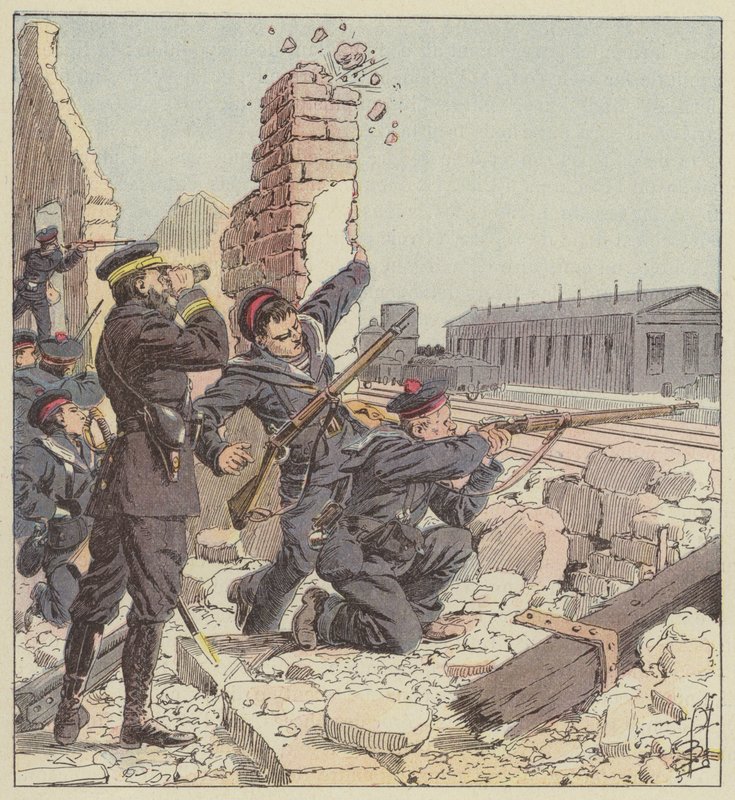 Defesa da estação de Tien-Tsin pelos fuzileiros navais de after Louis Charles Bombled