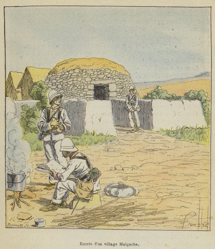 Entrando em uma vila malgaxe de after Louis Charles Bombled