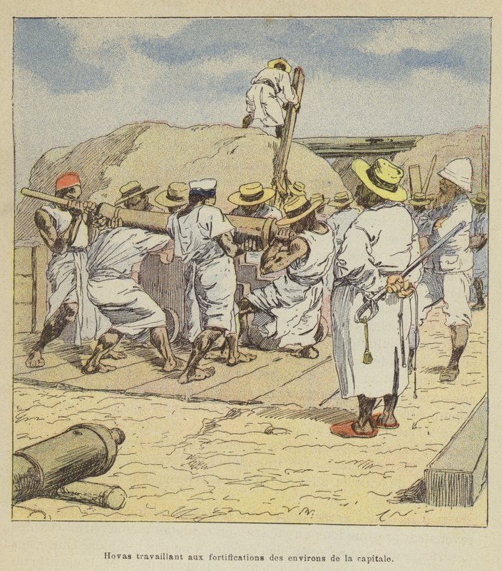 Hovas trabalhando nas fortificações ao redor da capital de after Louis Charles Bombled