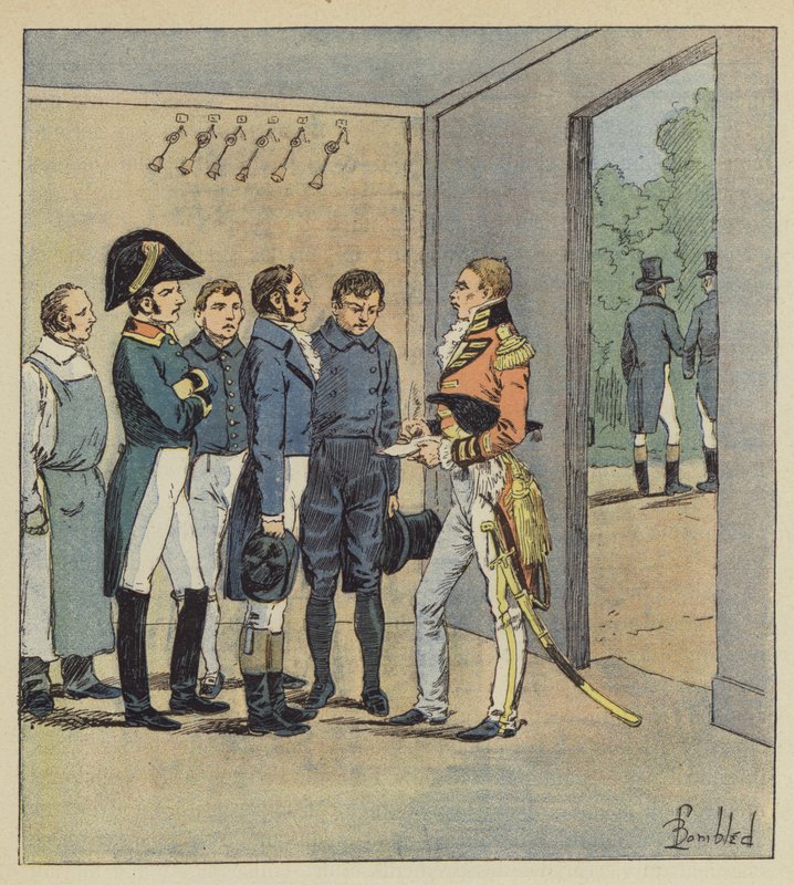 Hudson Lowe questiona os servos de Napoleão de after Louis Charles Bombled