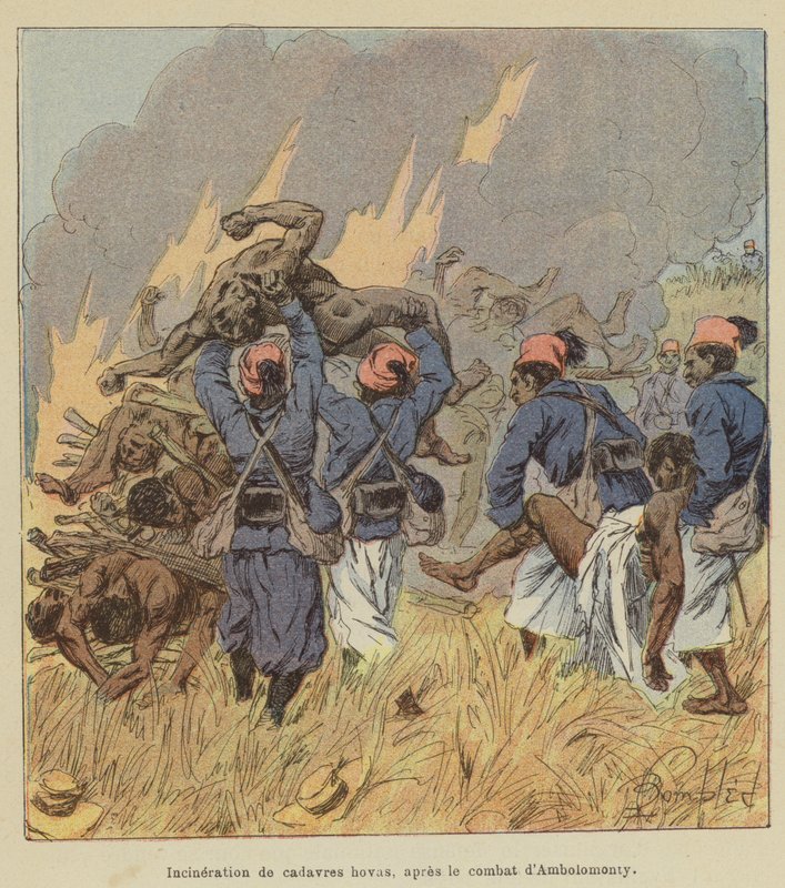 Incineração de cadáveres hovas, após a luta de Ambolomonty de after Louis Charles Bombled