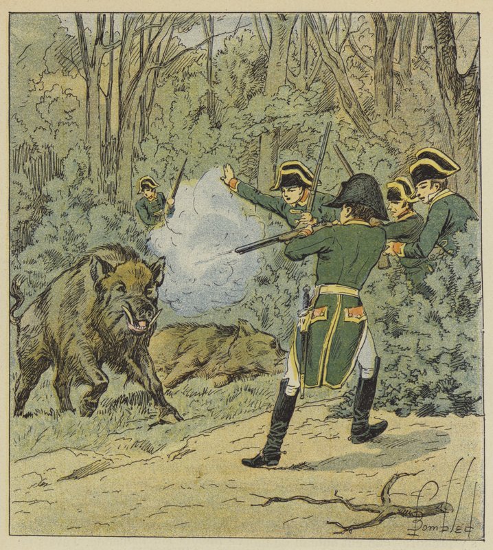 O caçador caçando javalis na floresta de Marly de after Louis Charles Bombled