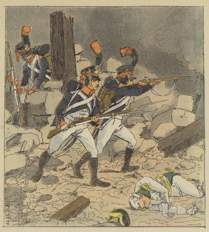 O imperador enviou os atiradores de sua guarda para Aspern de after Louis Charles Bombled