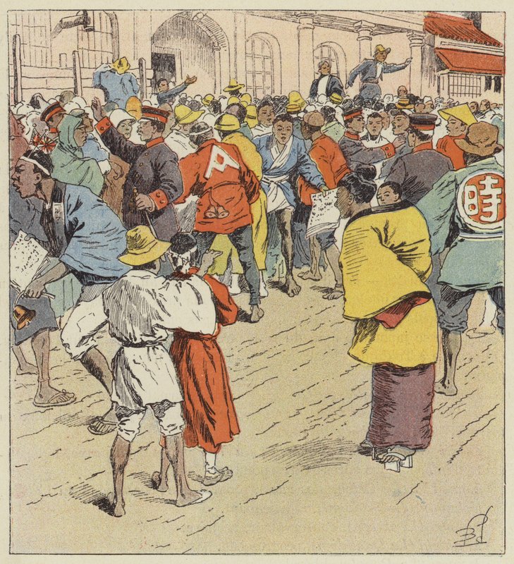 Multidão esperando por notícias da guerra na frente do Figi-Humpo de after Louis Charles Bombled