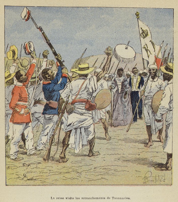 A rainha visita os entrincheirados de Tananarive de after Louis Charles Bombled