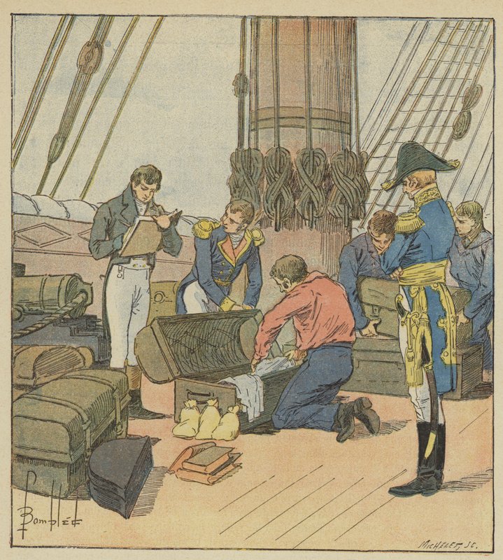 Inglês lamiraute faz inventário de bagagem de Napoleão de after Louis Charles Bombled
