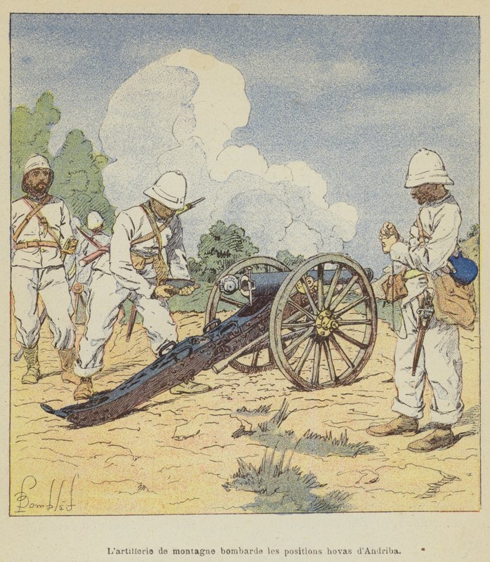 Posições de bombas de artilharia de montanha Hovas em Andriba de after Louis Charles Bombled